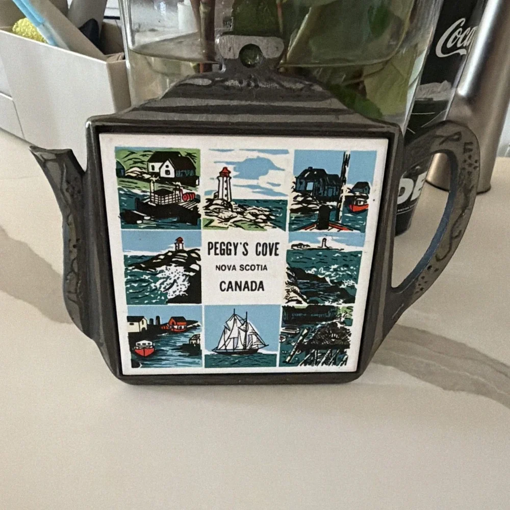 Vintage Peggy's Cove Nova Scotia trivet cast iron & tile hot pad wall decor 80s
